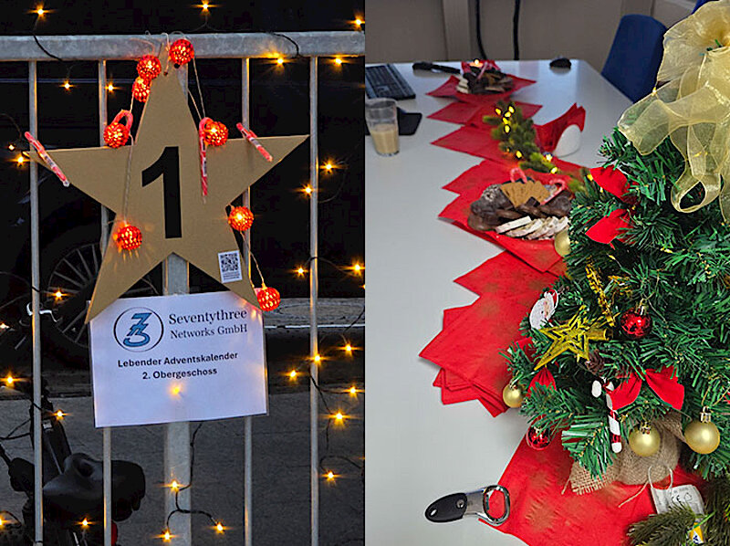 Bild links: Goldener Stern mit der Nummer eins am Eingangstor; Bild rechts: Adventlich geschmückter Konferenztisch Bild links: Goldener Stern mit der Nummer eins am Eingangstor; Bild rechts: Adventlich geschmückter Konferenztisch