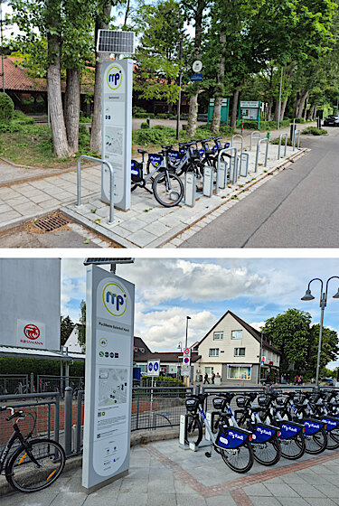 Zwei Fotos von Mobilitätsstationen mit Informationsstele und geparktern myRadl-Fahrrädern Zwei Fotos von Mobilitätsstationen mit Informationsstele und geparktern myRadl-Fahrrädern
