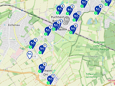 Karte von Puchheim mit Pins, die die MyRadl-Standorte markieren